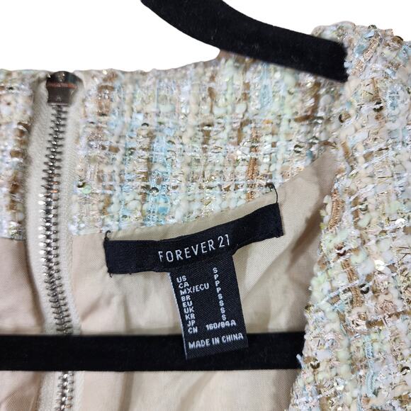 Forever 21 Tweed Sheath Dress S Women Tank Double Breast Cream Aqua Blue Sequins - Picture 3 of 11